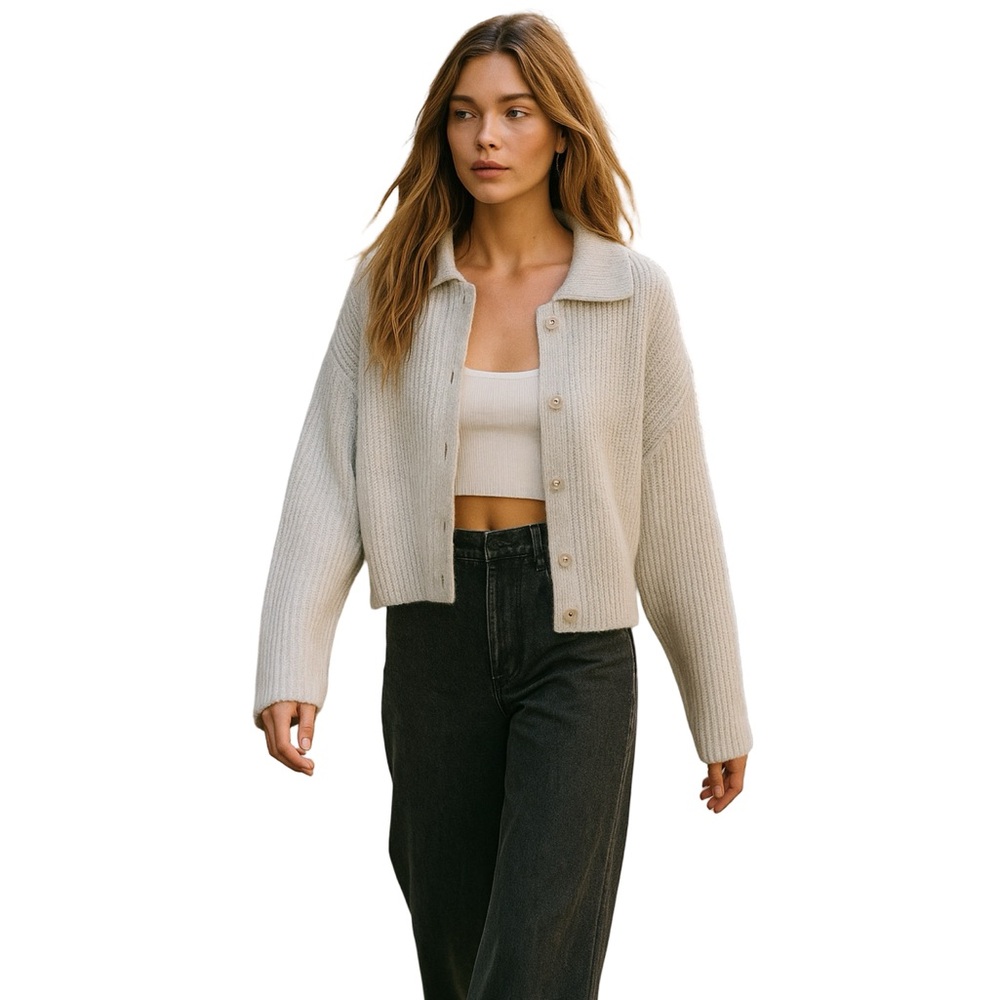 Jessica Simpson Chic Light Gray Oatmeal Knit Button-Up Cardigan Collared Preppy